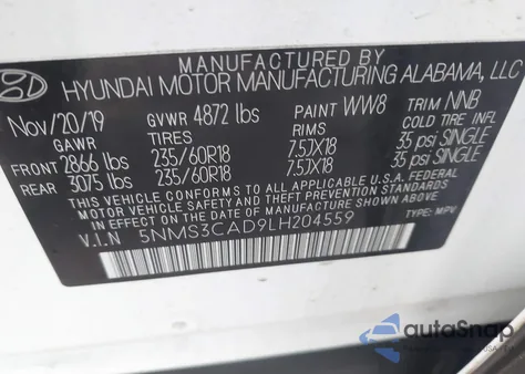 2020 Hyundai Santa Fe Sel z USA, uszkodzony, nr VIN 5NMS3CAD9LH204559